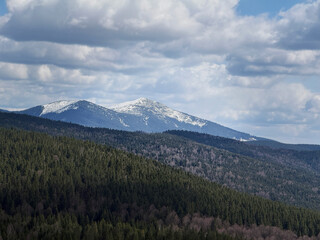 Obraz premium Snow Capped Mountain Peaks Above Forest