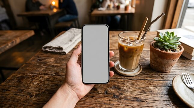 Hand Holding Smartphone Near Iced Coffee and Potted Succulent on Wooden Table
