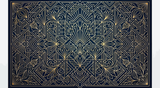 Intricate art deco geometric pattern with gold filigree on dark blue background
