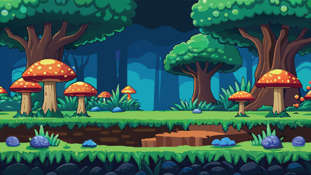Pixel art game background with mushrooms in a dark fantasy forest Vector