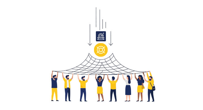Business Teamwork and Risk Management Concept: Diverse People Holding Safety Net to Catch Falling Goals and Financial Targets. Flat Vector Illustration on White Background.