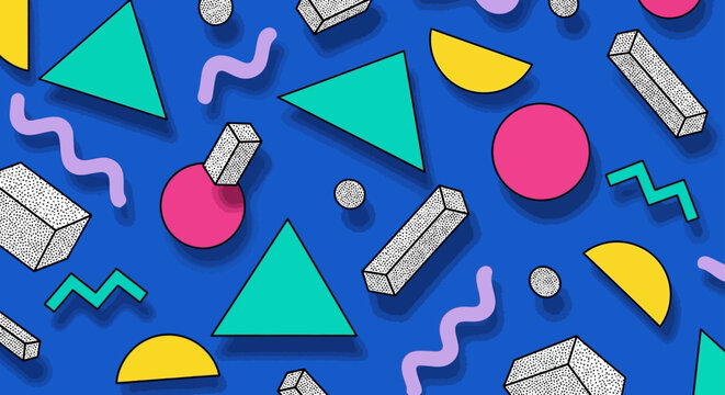 retro memphis style abstract geometric shapes pattern on blue background