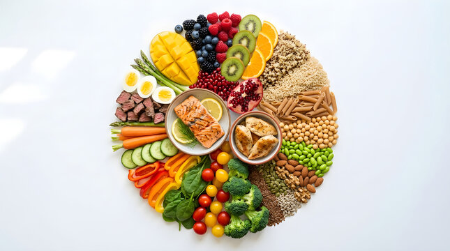 Healthy food circle with salmon, vegetables, fruits, grains, and nuts isolated on white background