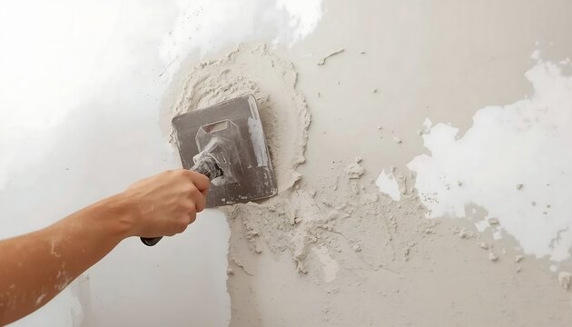 A close-up shot of a person's hand using a plastering trowel to apply a smooth layer of plaster onto a textured wall.