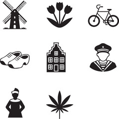 Naklejka premium Dutch cultural icons set of nine black silhouettes Vector