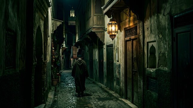 Person walking alone down a narrow historic alleyway at night illuminated by a glowing traditional metal lantern with alleyway, historic