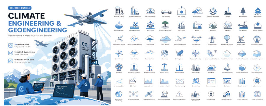 Climate engineering, geoengineering icons, 40 symbols, blue illustrations, ecology concepts