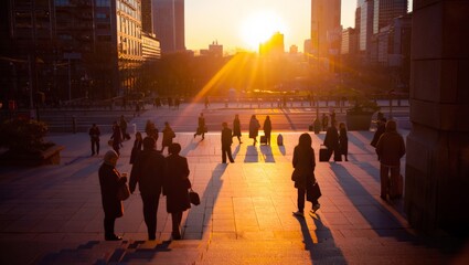 Dramatic sunset scene of multiple pedestrian silhouettes walking through a grand urban plaza with steps, intense golden sun rays bursting between tall city buildings, creating long dark shadows. © olga_demina