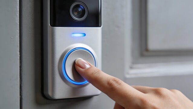 A hand pressing a button on a smart video doorbell demonstrates cutting-edge home security technology, presenting the concept of home security and smart device technology.