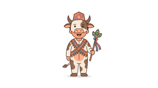 Cute Cow Character Dressed in Traditional Nepali Attire