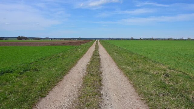 Ein langer Feldweg verl&auml;uft zwischen zwei gr&uuml;nen Feldern unter einem blauen Himmel mit wenigen Wolken, Triesdorf, Weidenbach, Fr&auml;nkischen Seenland, Landkreis Ansbach, Mittelfranken, Bayern, Deutschlan
