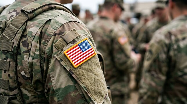 Close up of an American soldier wearing a camouflage uniform with flag patch