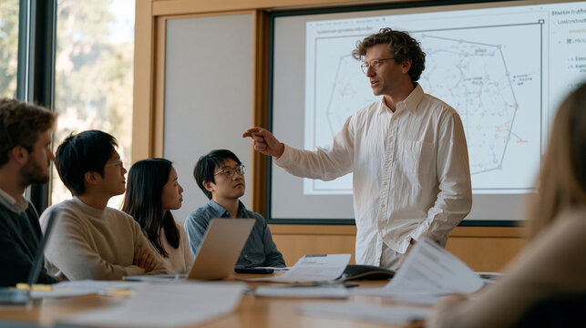 Quantum error correction research team debates syndrome measurement diagram projected in seminar room, visiting professor from abroad pointing at stabilizer code lattice on