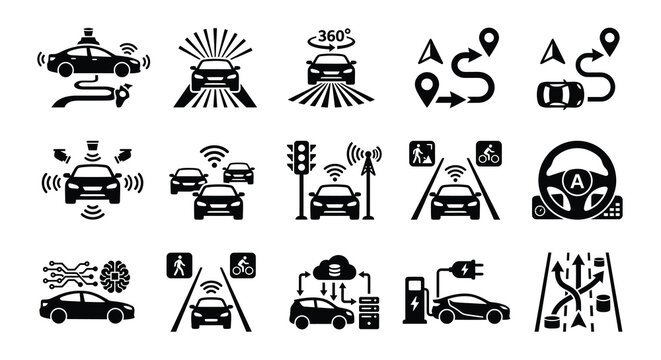 Autonomous vehicle technology icons set self driving car features and smart transportation systems
