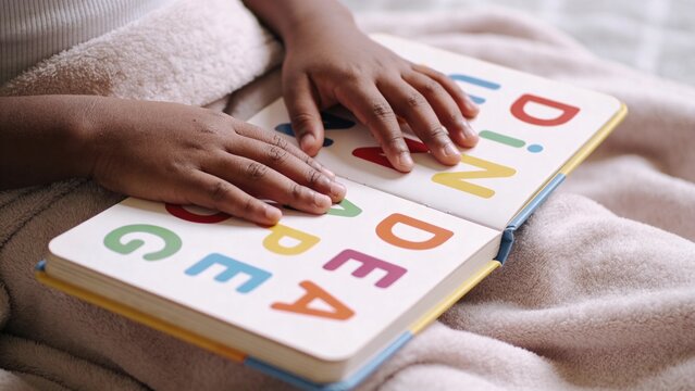 Child hands exploring colorful alphabet board book while resting under soft blanket early literacy activity preschool learning education concept young learner touching large printed letters developing