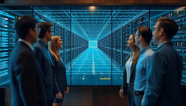 A diverse team of business professionals stands in front of a large, futuristic digital display showcasing a server room with glowing blue grid lines.