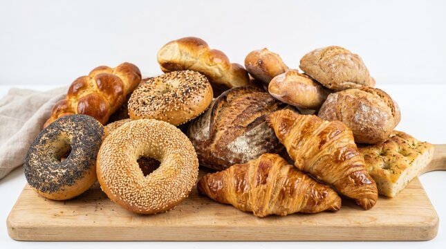 Assorted fresh artisan breads and pastries on a wooden board