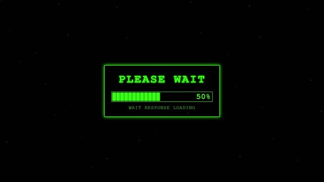 A loading screen displays a progress bar with please wait text on a black background