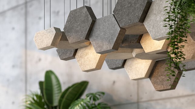 Medium shot of floating hexagonal acoustic ceiling baffles in soft grey and beige showcasing a sleek gradient design with blurred concrete walls and lush plants in background