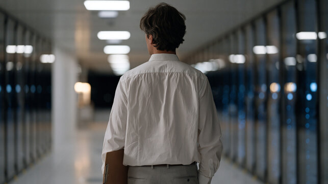 Research institute director walks empty quantum computing facility corridor at midnight during security inspection, overhead motion-sensor lights activating in sequence ahead of