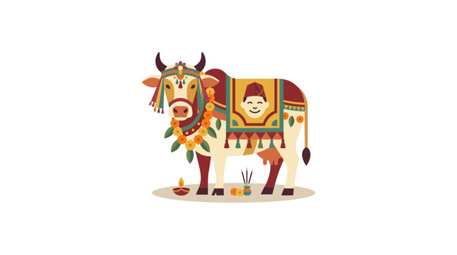 Decorated Sacred Cow for Tihar Festival Illustration