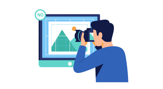 Man Taking Photo of Computer Monitor Representing Copyright Infringement and Content Piracy Concept Vector Illustration
