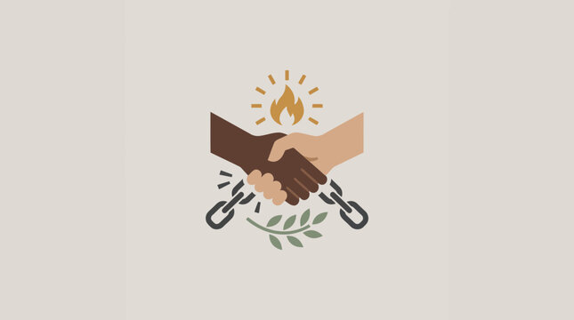 Diverse Handshake Icon with Broken Chains and Olive Branch Symbolizing Unity and Freedom