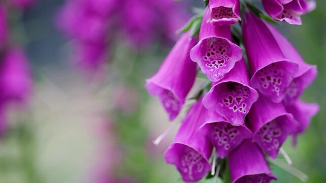 Close-up of bees entering vibrant pink foxglove flowers to collect nectar. Natural pollinator activity captured with shallow depth of field and ample copy space for text