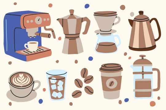 Barista Tools and Specialty Coffee Collection. Whimsical Flat Icons of Pour Over, Latte Art, and Iced Coffee.