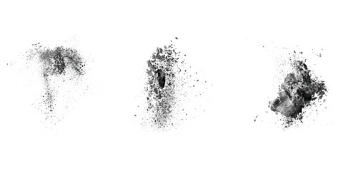Fototapeta premium Black charcoal dust, gunpowder isolated on white background and texture, Close up Dust of black carbon charcoal on white background , photo object design. top view