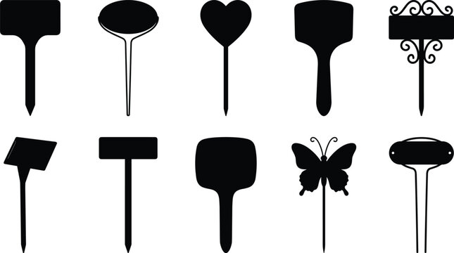Collection of garden markers in various shapes and designs, including round, heart, butterfly, and rectangular silhouettes
