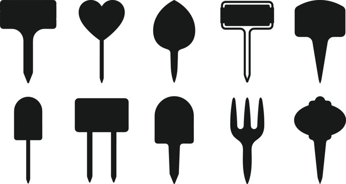 Collection of various plant labels, garden markers, and plant tags in silhouette