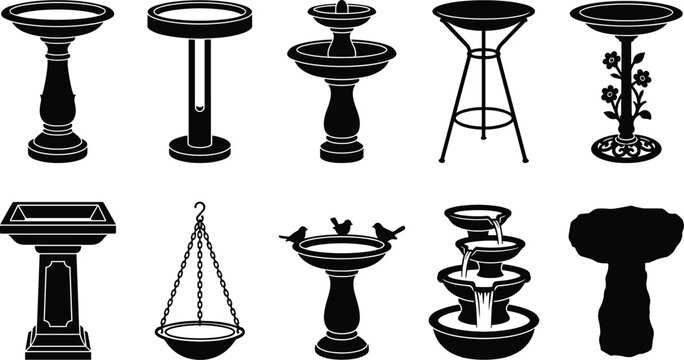 Collection of Silhouettes of Decorative Garden Bird Baths and Fountains