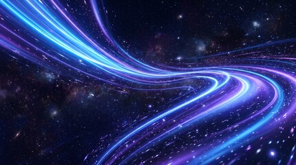 Obraz premium Sci-Fi Cosmic Speed of Light in Space Background with Neon Purple and Blue Trails for Hyperdrive Concept