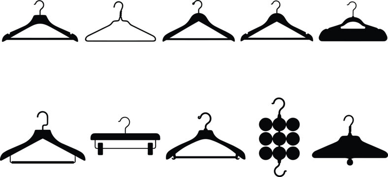 A collection of various clothes hangers, illustrating different designs for organizing and storing apparel in a closet or wardrobe
