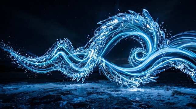 Abstract Frozen Wave with Shattering Ice Crystals and Neon Blue Light Trails, Dynamic Winter Energy Motion Background