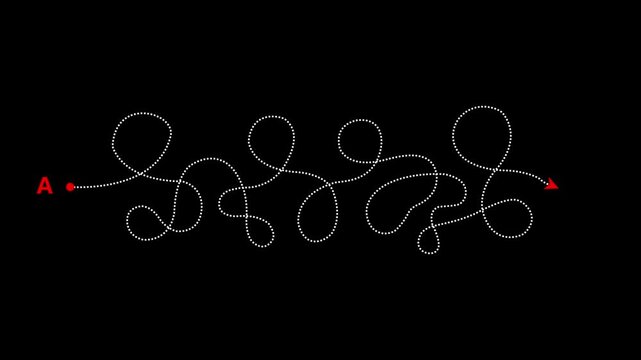 Complex way from point A to B hand drawn doodle scribble chaos path lines with red markers, route direction concept