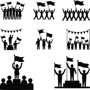 People Holding National Flags Silhouettes on Parade Background, Black Vector Style Figures with Bunting and Bunner Signs
