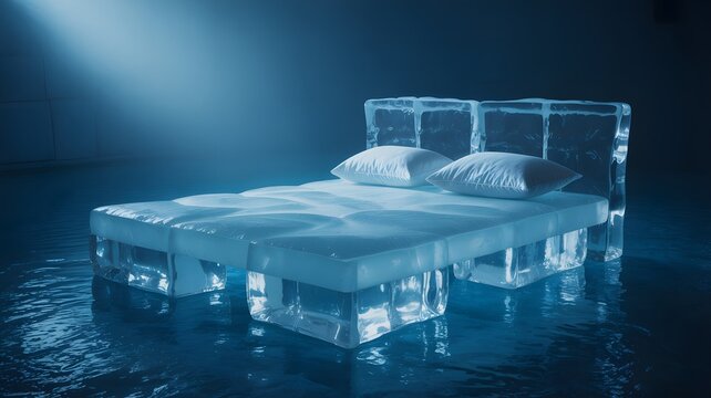 Floating bed in underwater room with dim lighting