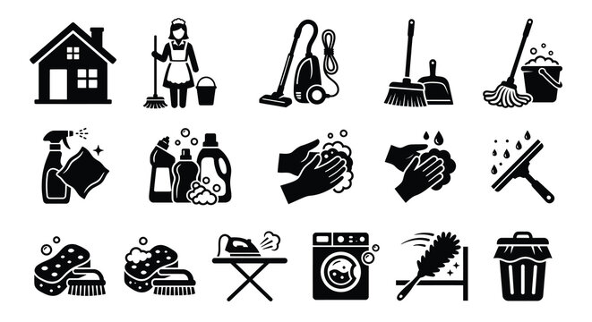 Silhouette of cleaning icons including house maid broom vacuum mop cleaning supplies and more