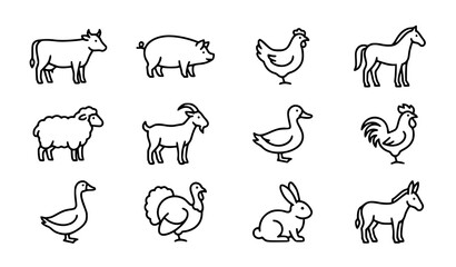 Farm Animals Outline Vector Icon Collection Design Set © MstNadiya