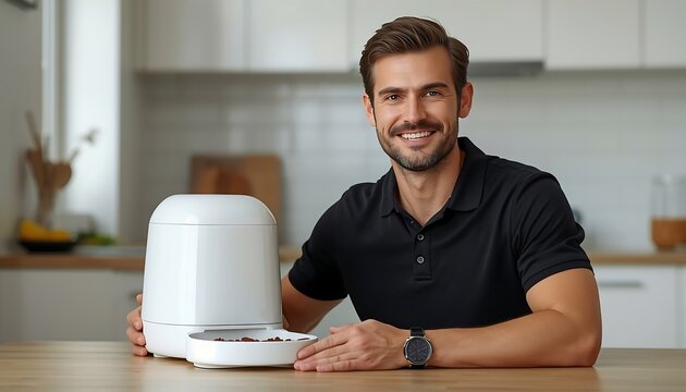 A smiling man with a beard sits in a modern kitchen, posing with an automatic pet feeder on a wooden table.
