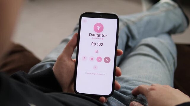 Tapping to call a contact labeled Daughter on a smartphone. The screen displays a pink doll icon and a Tap to call button. Perfect for family communication apps, parenting visuals, and personal