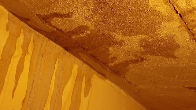 Close-up view of water stains and cracks on a textured yellow surface. Detailed texture of a yellow surface showing signs of water damage, including streaks and fissures, suggesting an aged or
