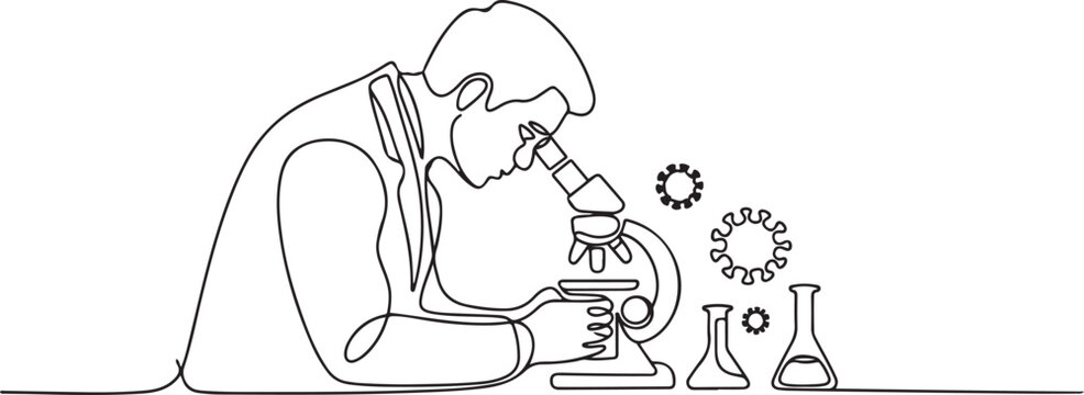 Continuous one line drawing of male scientist analyze corona virus cause covid 19 disease using laboratory microscope. Coronavirus medical research. One line icon vector illustration