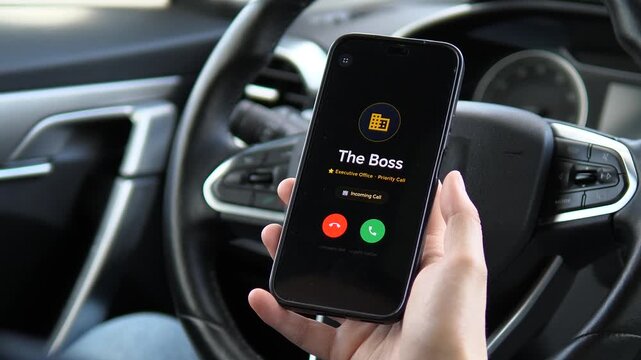 Receiving an incoming call from The Boss on a smartphone. The screen displays a yellow building icon and an Executive Office label. Perfect for corporate visuals, priority communication, and business