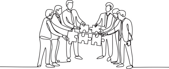 Obraz premium Continuous one line drawing of business team members unite puzzle pieces together to one as team building symbol. Office employee teamwork concept. One line icon vector illustration