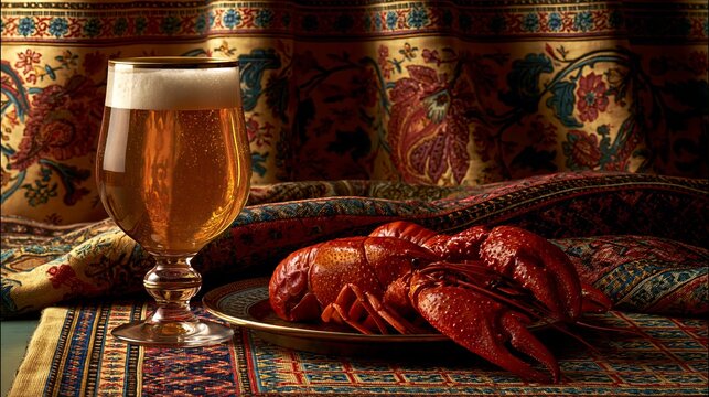 Beer and crayfish sit in front of patterned drapes.