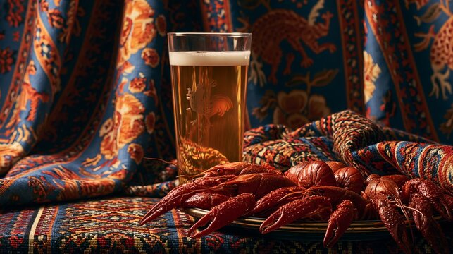 Beer and crayfish sit in front of patterned drapes.