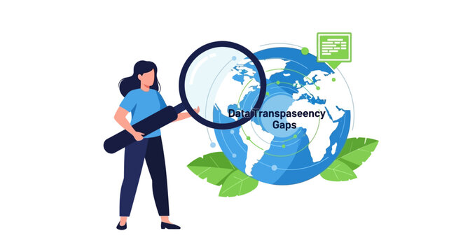 Global Data Transparency Concept: Woman with Magnifying Glass Analyzing World Map for Information Gaps